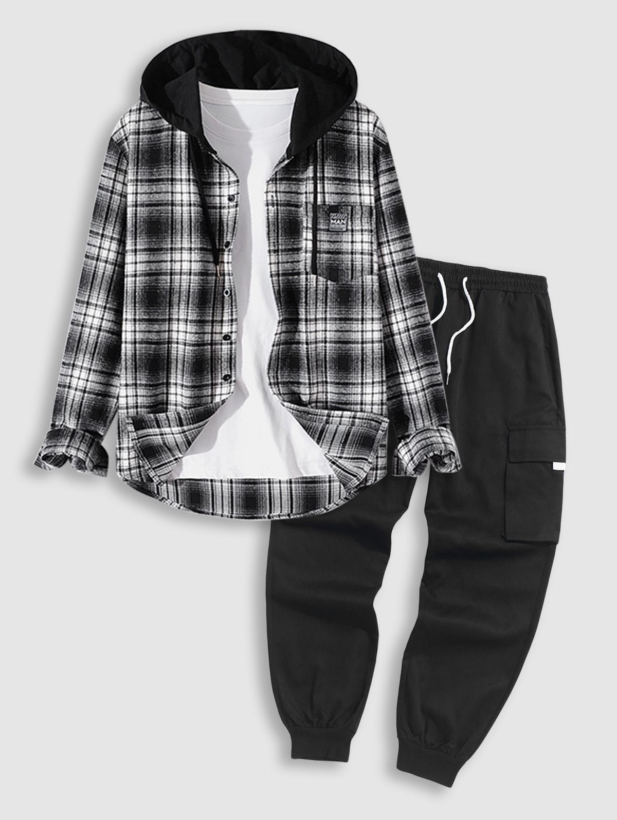 ZAFUL Men's Flannel Plaid Hooded Shirt With Techwear Cargo Pants Two Piece Set Black