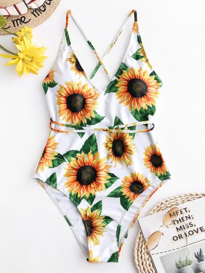 ZAFUL Sunflower Print Crisscross One-Piece Swimsuit