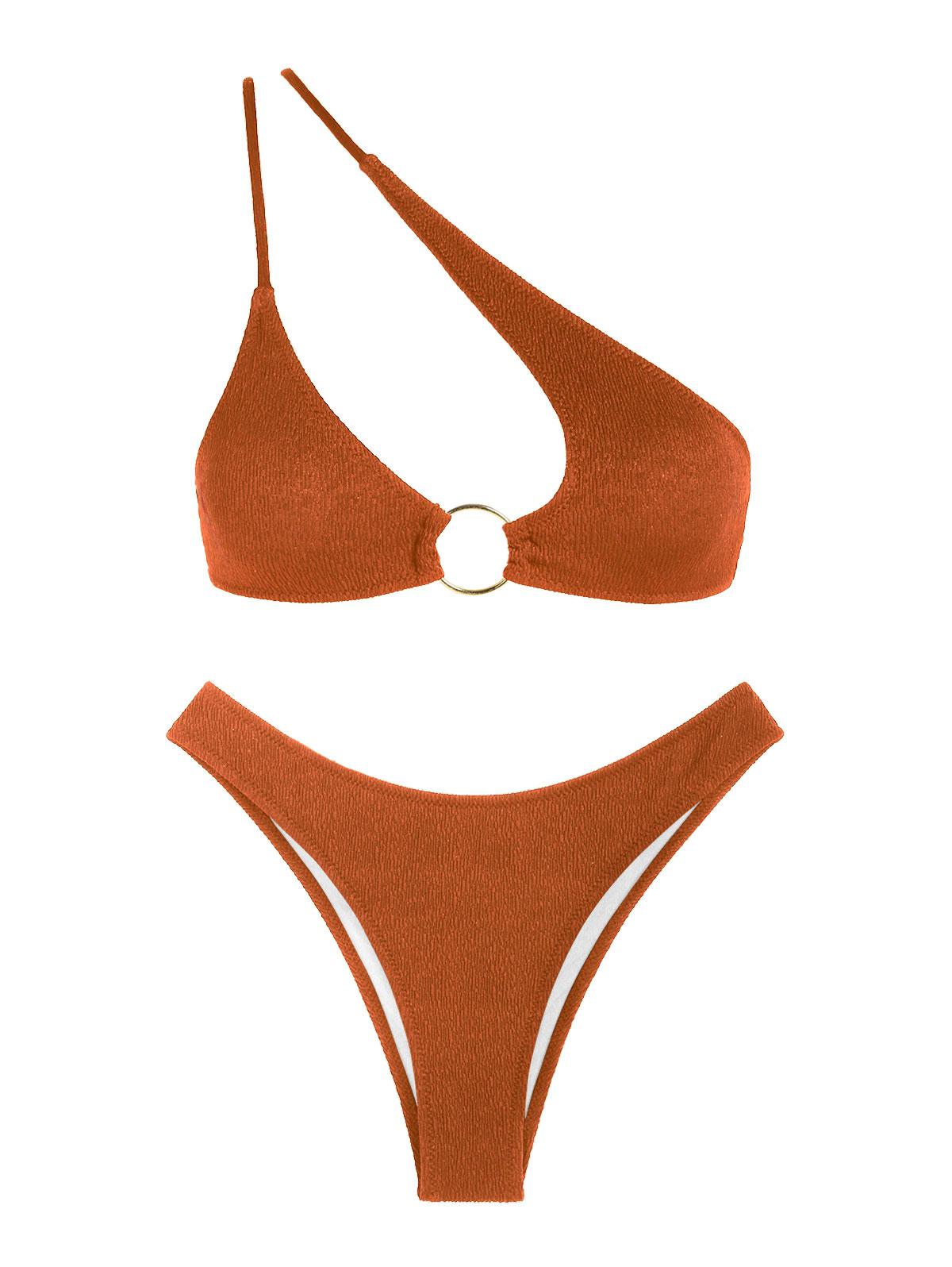 ZAFUL Textured One Shoulder O-ring Bikini Swimwear S Coffee