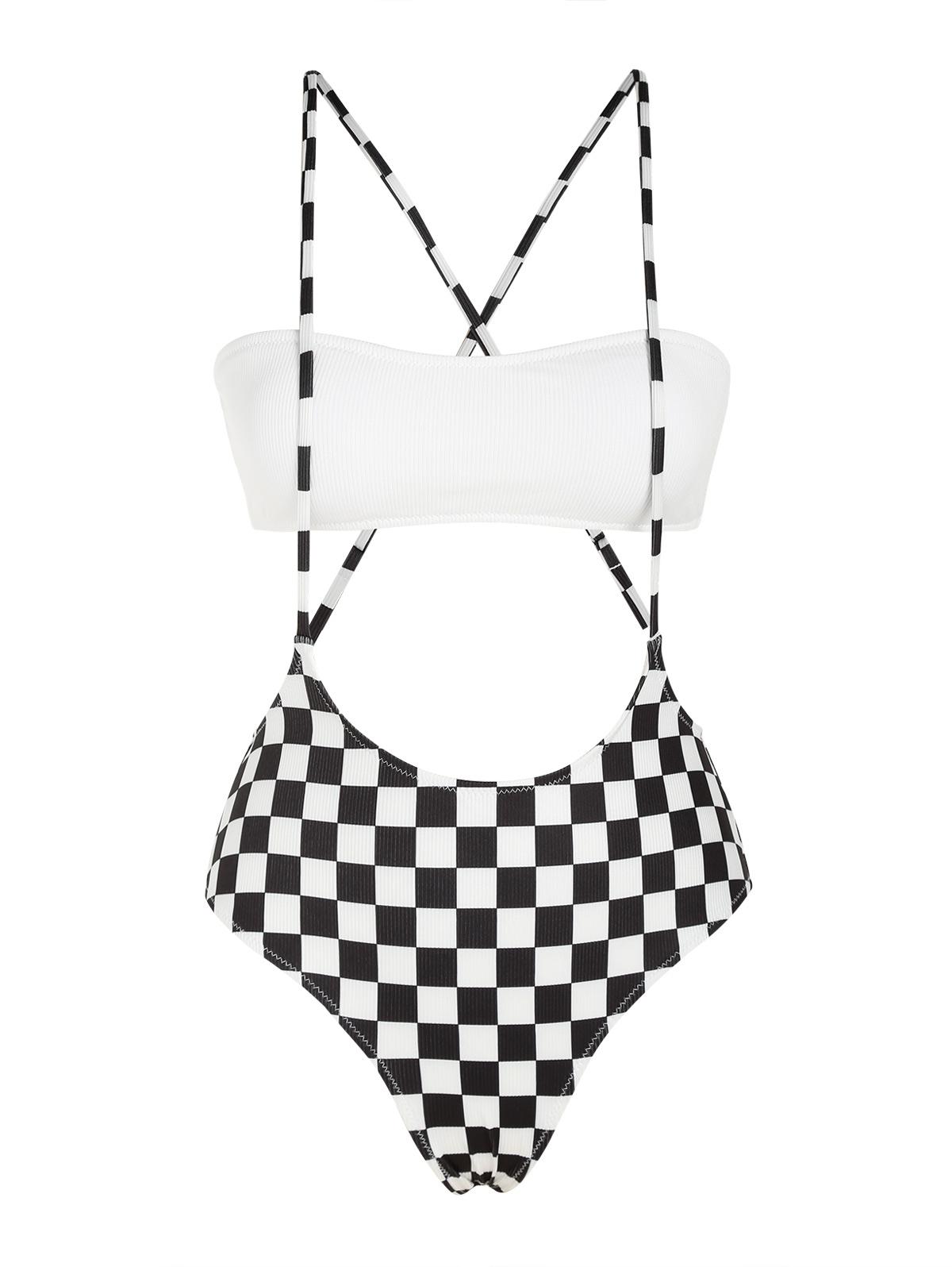 ZAFUL Checkerboard Print Criss Cross Ribbed Suspender Bikini Swimwear S White