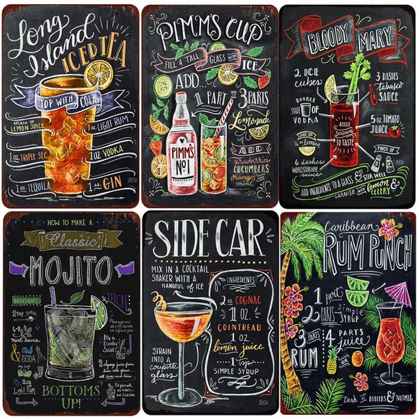 Cocktail Ingredients Vintage Rum Punch Metal Plates Mojito Metal Sign Bloody Mary ICED TEA Painting Wall Posters Home Deco