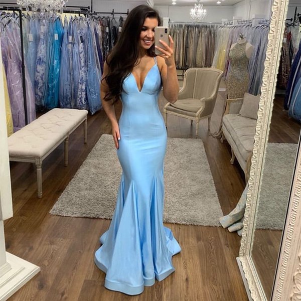 Sexy Cheap Blue Mermaid Evening Dresses Wear V Neck Lace Appliques Crystal Beaded Sleeveless Sheer Back Formal Prom Dress Party Gowns