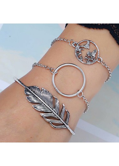 Silver Metal Feather and Circle Shape Bracelet Set