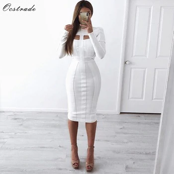 Ocstrade Women White Bandage Dress Bodycon 2019 New Arrivals Sexy Cut Out High Neck Long Sleeve Party Rayon Bandage Midi Dress