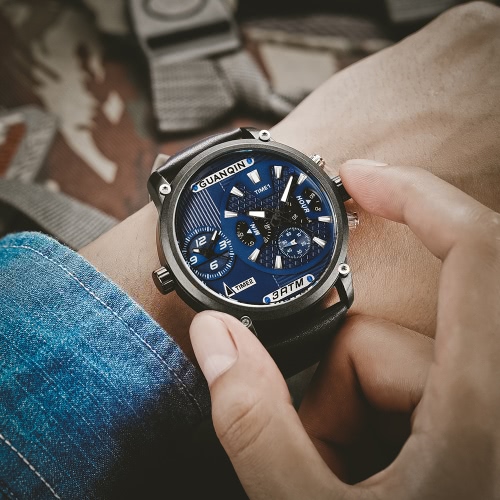 GUANQIN Sapphire Luminous Dual Time Display Quartz Men Watch Sports Chronograph Leather Water-Proof Man Casual Wristwatch + Box