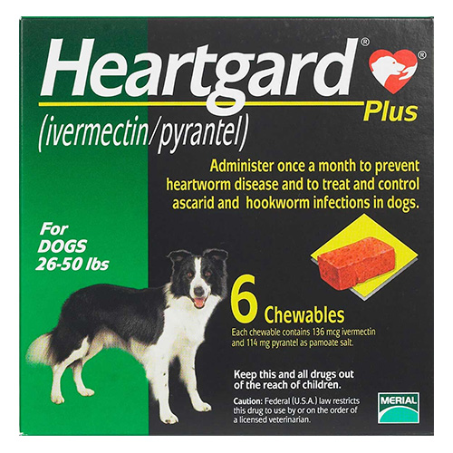 Heartgard Plus Chewables For Medium Dogs 26-50lbs (Green) 12 Doses