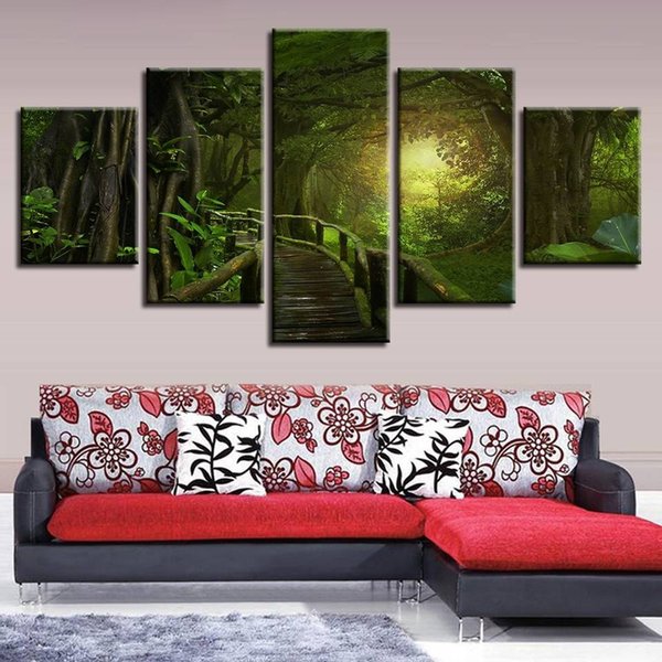 Wall Art Picture Printing Painting 5 Pieces Green Forest And Woods Bridge Sunshine Natural Landscape Canvas decor Modular