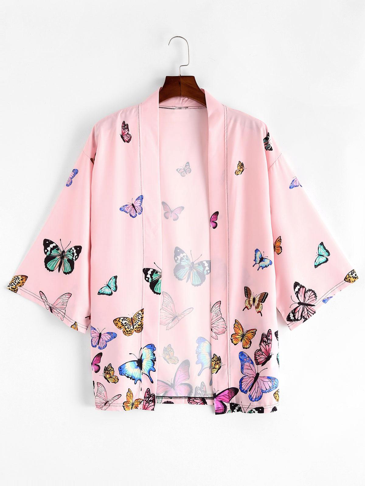 ZAFUL Men's Colored Butterfly Allover Print Kimono Cardigan Xl Pink