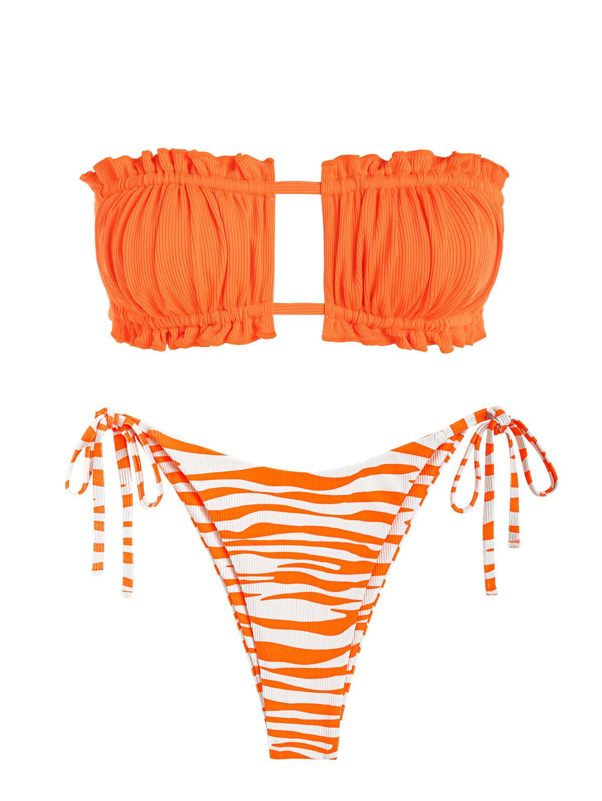 ZAFUL Ribbed Tie Side Animal Zebra Bandeau Bikini Swimwear S Orange