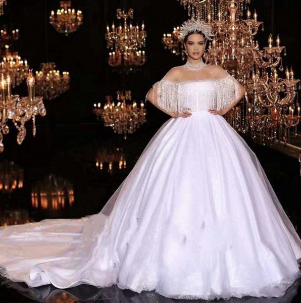 Luxury 2021 New Sparkly Sequined High Neck Ball Gown Wedding Es with Tassels Vintage Saudi Arabic Dubai Illusion Bridal P3U6