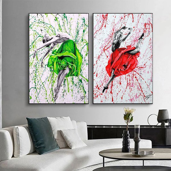 Creative Graffiti Art Ballerina In Red And Green Rose Skirt Dancing Canvas Painting Wall Art For Living Room Home Decoration