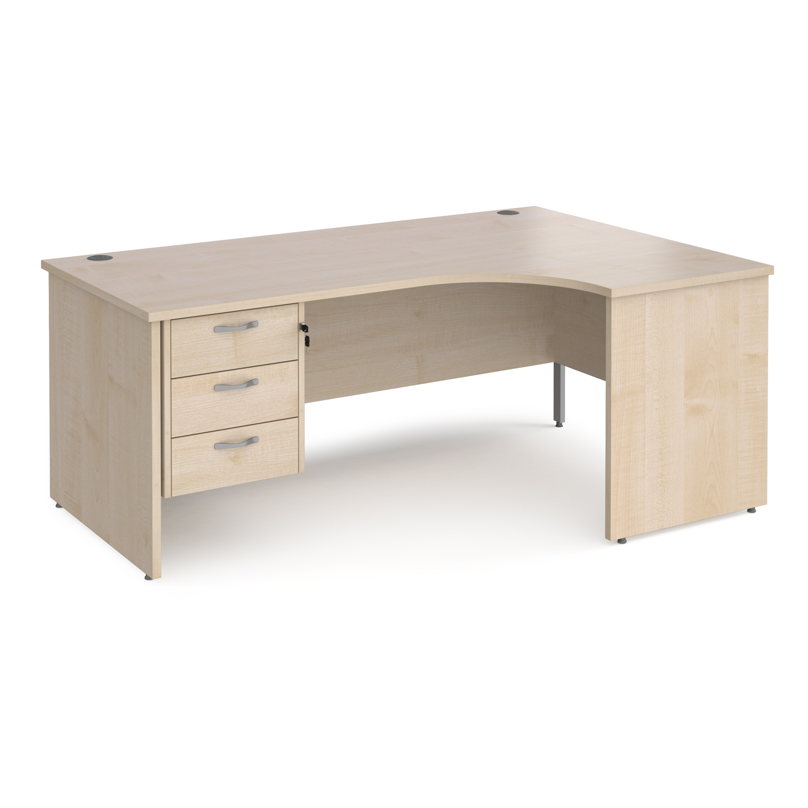 Maestro 25 right hand ergonomic desk 1800mm wide with 3 drawer pedestal - maple top with panel end leg