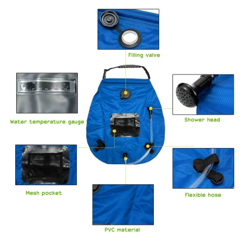 Lightweight Portable Outdoor Solar Camping Shower Bag with Removable Hose and Switchable Shower Head