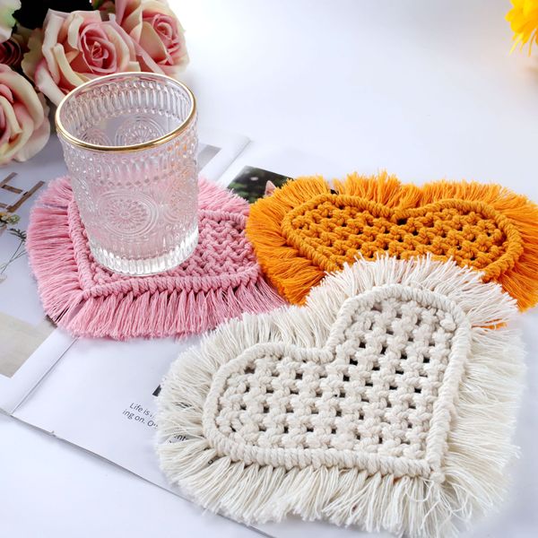 Boho Macrame Coasters Mats for Drink Round Woven Coaster with Tassels Office Desk Handmade Cotton Rope Absorbent Coasters Mat Home Decor Housewarming Gift 1223747