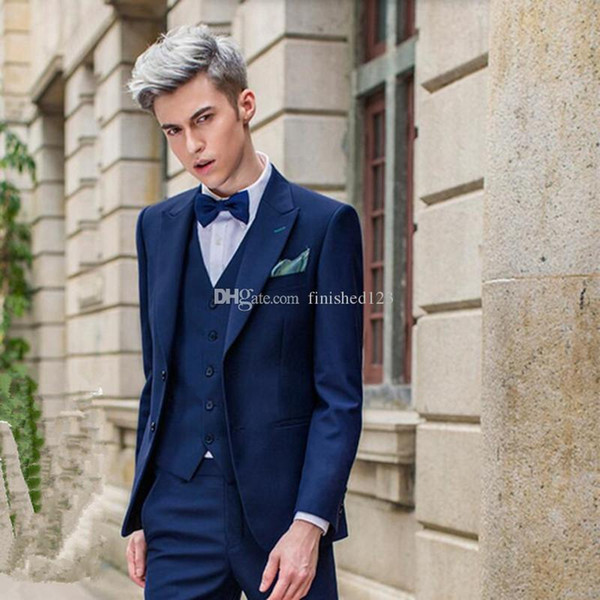 Very Good Two Buttons Blue Groom Tuxedos Peak Lapel Men Suits 3 pieces Wedding/Prom/Dinner Blazer (Jacket+Pants+Vest+Tie) W519