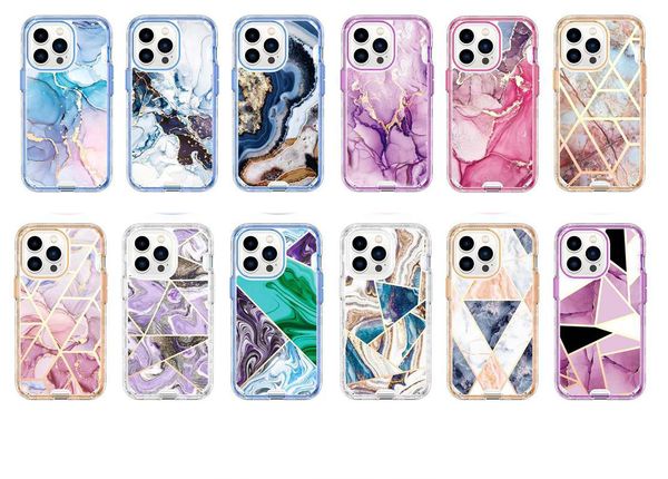 Marble 3in1 Cases For Iphone 14 13 Pro Max 12 11 X XR XS 8 7 6 Plus 3 in 1 Hard PC Soft TPU Hybrid Layer Luxury Fashion Plastic Geometric Stone Rock Shockproof Phone Cover
