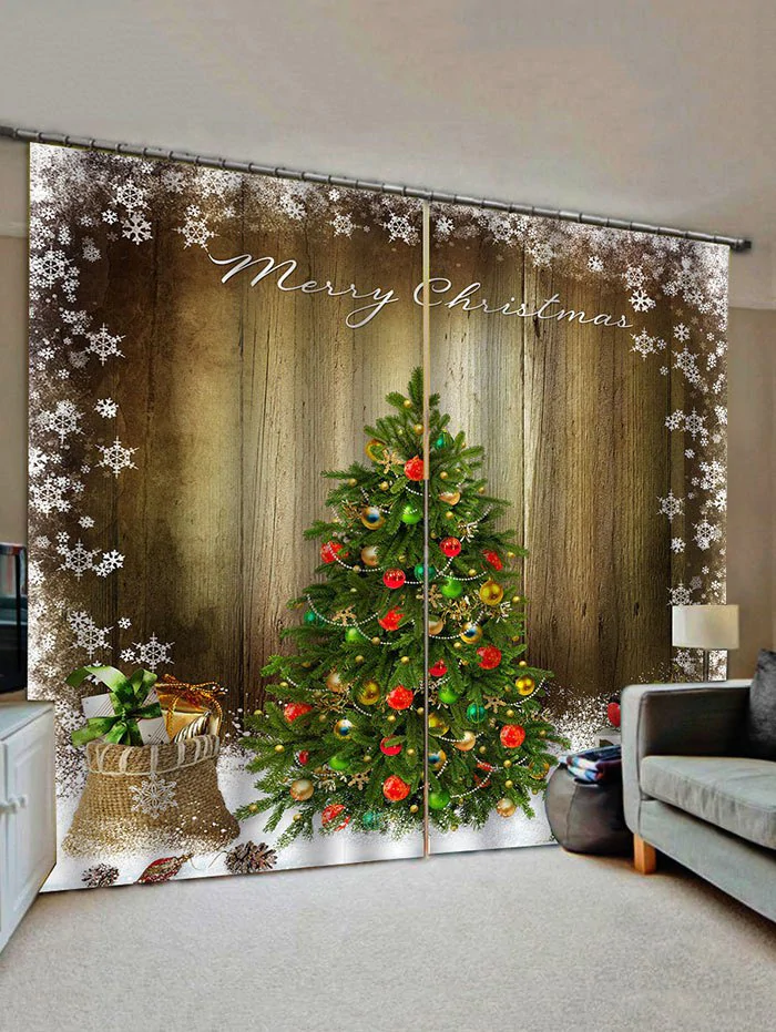 Merry Christmas Tree Gift Wooden Pattern Window Curtains