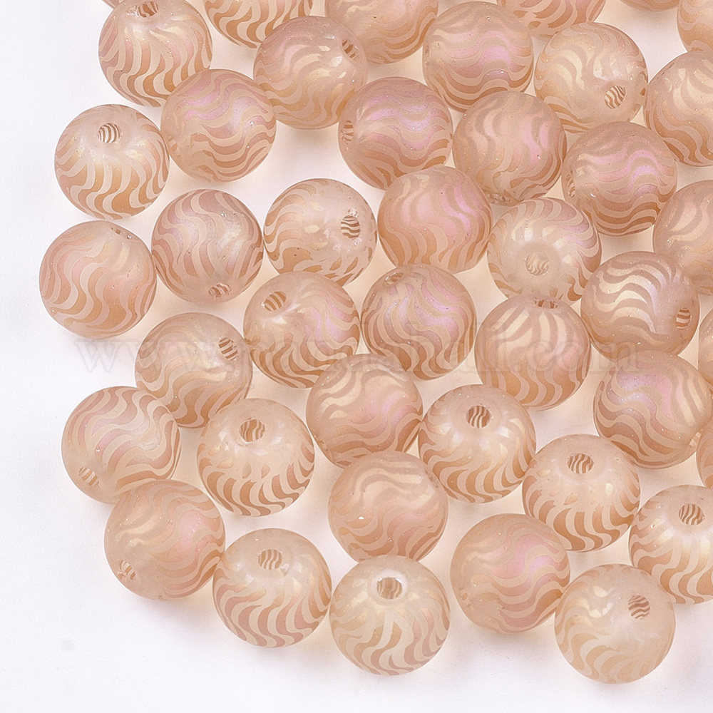 Electroplate Glass Beads, Frosted, Round with Wave Pattern, DarkSalmon, 8~8.5mm, Hole: 1.5mm