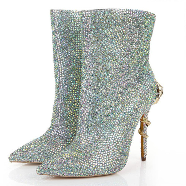 rhinestone bling bling crystal ankle boot wedding bridal high heel point toe snake fashion booties shoes