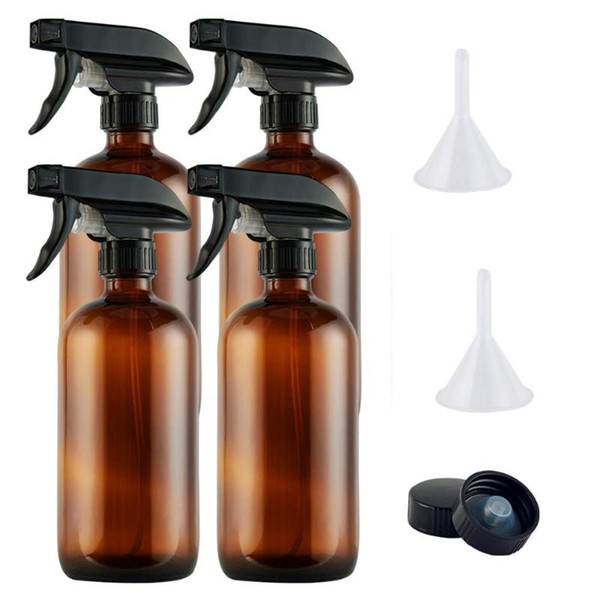 Free Shipping 4pcs Empty 500ml Amber Glass Spray Bottles Refillable 16 oz Container with Free Funnel