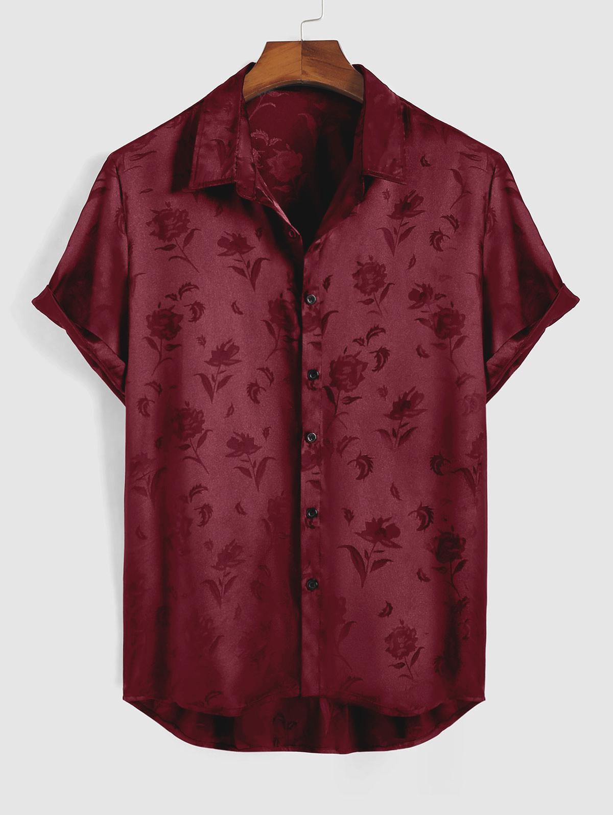 ZAFUL Men's Jacquard Silky Short Sleeve Shirt L Deep red