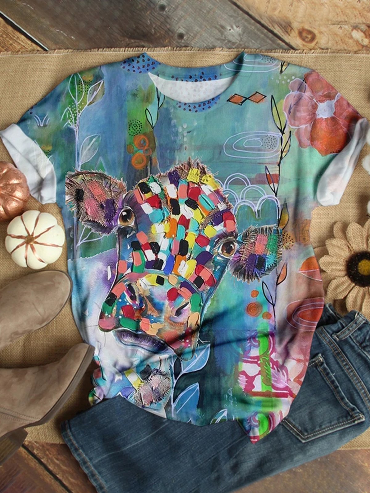 Blue Round Neck Short Sleeve T-Shirts - Noracora