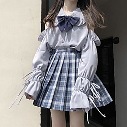 Lolita Maid Sweet Lolita Blouse / Shirt Butterfly sleeve Women's Cotton Japanese Cosplay Costumes White / Black / Blue Solid Colored Puff Sleeve Long Sleeve