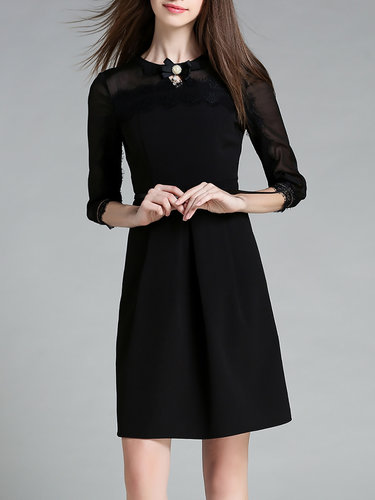 Black 3/4 Sleeve Appliqued A-line Plain Midi Dress