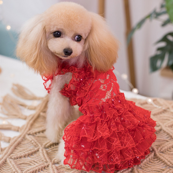 Handmade Dog apparel Clothes pet Dress Red Lace Hollow Pattern Tutu Vest Cats Outfit Poodle Maltese Yorkie