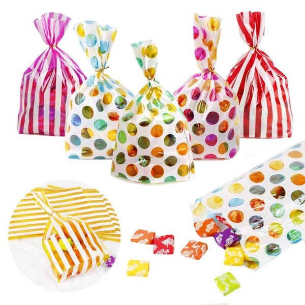 QIFU Colorful Dot Stripes Opp Plastic Candy Bags Wedding Birthday Party Supplies Cookie Gift Bag Packaging Bag Pouch Gift Box