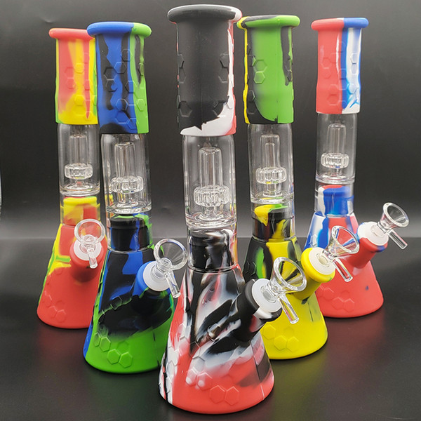 Silicone Bongs pipe honey comb bong water oil smoking heady beaker Dab Rigs Percolators Perc Removable 11.42 inch Straight With Glass Bowl