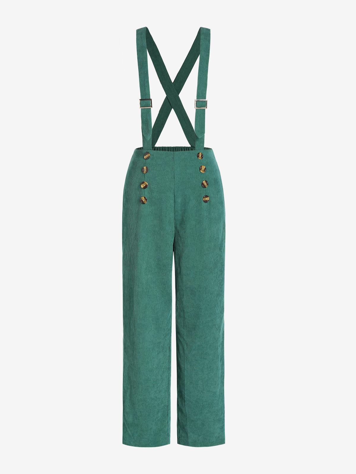 ZAFUL Buttoned Corduroy Suspender Pants L Deep green