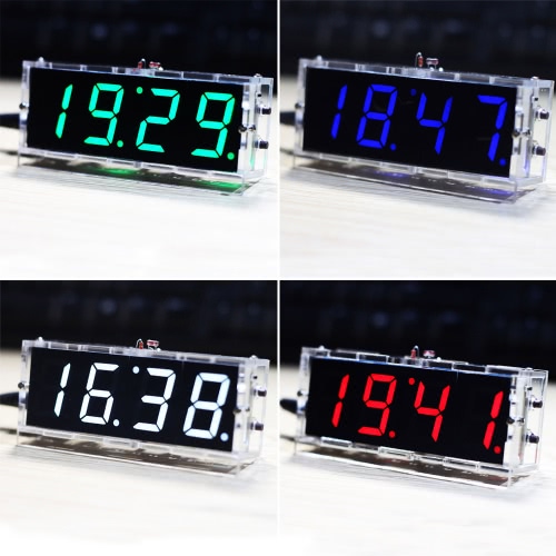 Compact 4-digit DIY Digital LED Clock Kit Light Control Temperature Date Time Display with Transparent Case