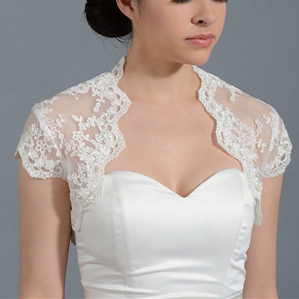 Ivory Lace High Neck Front Open Bridal Wraps Jackets Shawl Bolero Shrugs Stole Caps Short Sleeve Women Bridesmaid Wedding Dress