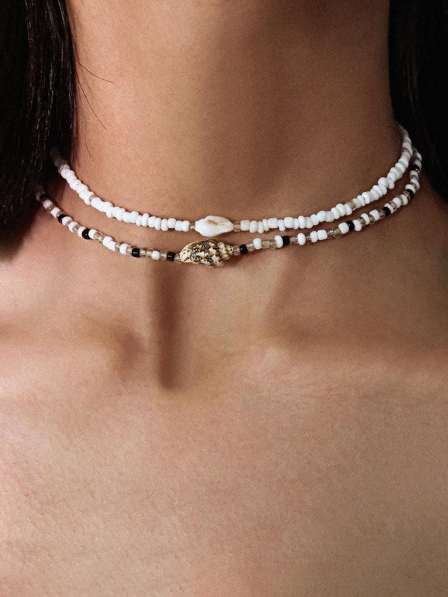 2Pcs Shell Embellished Beading Double Layered Choker Necklace For Women