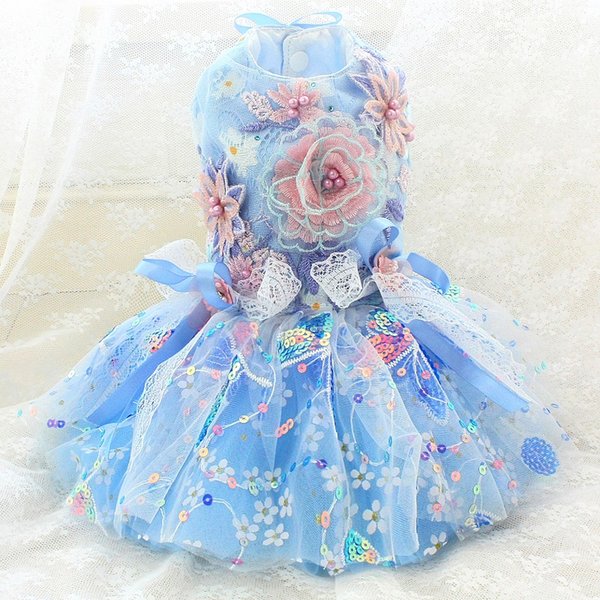 Handmade Dog Apparel Clothes Princess Dress Sky Blue Pearl Embroider Flowers Sequin Lace More Layers Tulle Skirt Pet Poodle Maltese Yorkie