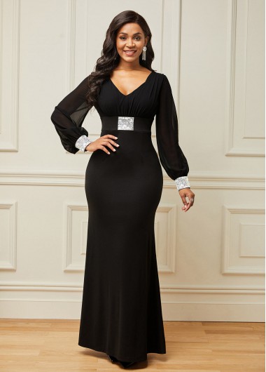 High Waisted Long Sleeve V Neck Dress