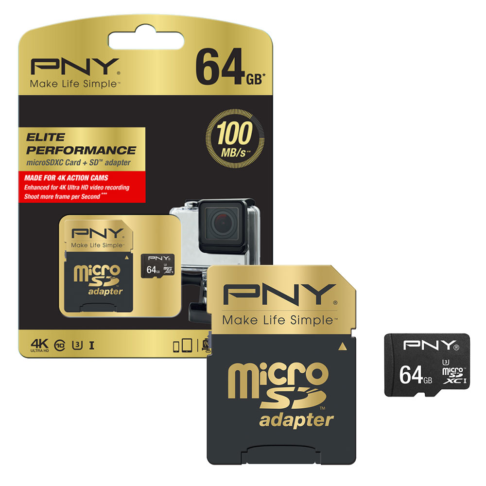PNY Elite Performance MicroSD SDXC Memory Card 100mb/S Class 10 UHS-1 U3 Inc SD Adapter - 64GB