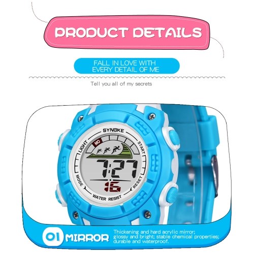 SYNOKE Sport Children Wrist Watches LED Digital Stopwatch Alarm Luminous Water Resistant Girl Boy Watch