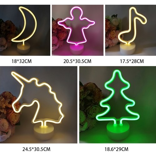 Flamingo/Cactus/Moon/Heart/Angel/Star/Lightning Neon Signs LED Light with Holder Base for Party Supplies Removable Home Table Decoration Lamp for Kids Room Style 1