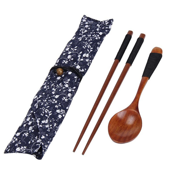 chopsticks tableware Portable Wooden Chopsticks Spoon Tableware Set Vintage + Blue Bag Palillo