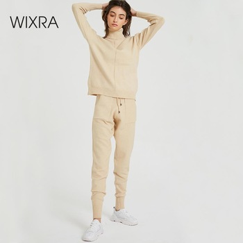 Wixra Women's Sweater Suits and Sets Turtleneck Long Sleeve Knitted Sweaters+Pockets Long Trousers 2PCS Sets Winter Costume