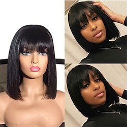 Human Hair Wig with Neat Bang Full Machine Made For Women Straight Short Bob Wig Pixie Cut Brazilian Hair None Lace 150% Density Capless Wig Natural Black Lightinthebox
