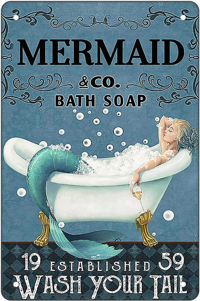 Funny Vintage Tin Sign Wall Decor Poster - Mermaid Bath Soap Wash Your Tail - Retro Metal Sign for Home Kitchen Bathroom Farm Garden Garage