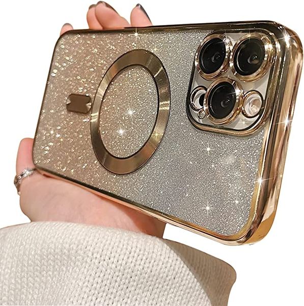 Luxury Glitter Magsafe Magnetic Cases For iPhone 14 13 12 11 Pro Max 14Plus Plating Camera Lens Protector Cover Wireless Charging