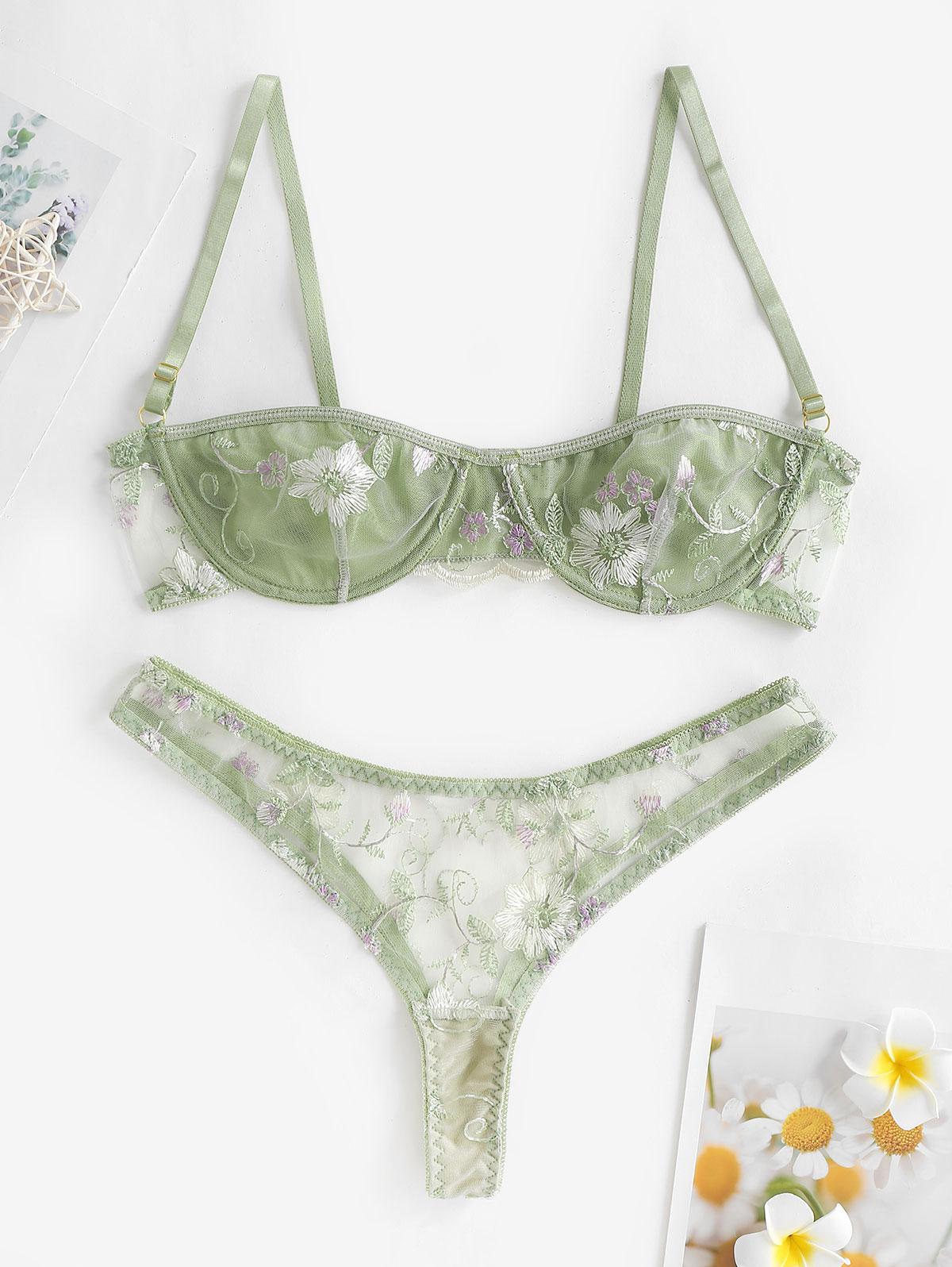 Floral Embroidered Sheer Mesh Sexy Underwire See through None Pads Three Quarters Unlined Lingerie Set with Adjusted-straps M Green