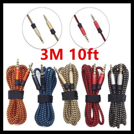 3.5mm Auxiliary AUX Extension Audio Cable Unbroken Metal Fabric braided Male Stereo cord 1.5M 3M for iphone Samsung MP3 Speaker Tablet