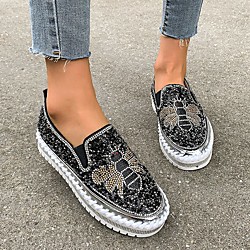 Women's Loafers  Slip-Ons Fantasy Shoes Slip-on Sneakers Flat Heel Round Toe PU Rhinestone Solid Colored Black Silver Lightinthebox