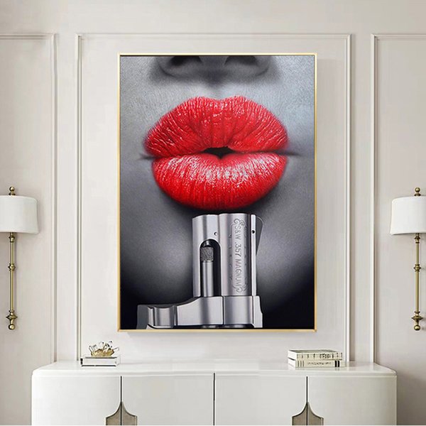 SELFLESSLY Canvas Art Red Lips With Gun Posters and Prints Wall Pictures For Living Room Modern Wall Art Decorative Painting