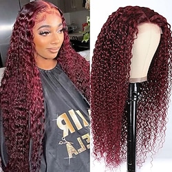 99J Burgundy Curly Lace Front T Part Wigs Human Hair for Black Women Brazilian Virgin Hair 99J Colored 4x1 Lace Closure Wigs Middle Part Pre Plucked with Baby Hair 150% Density Lightinthebox